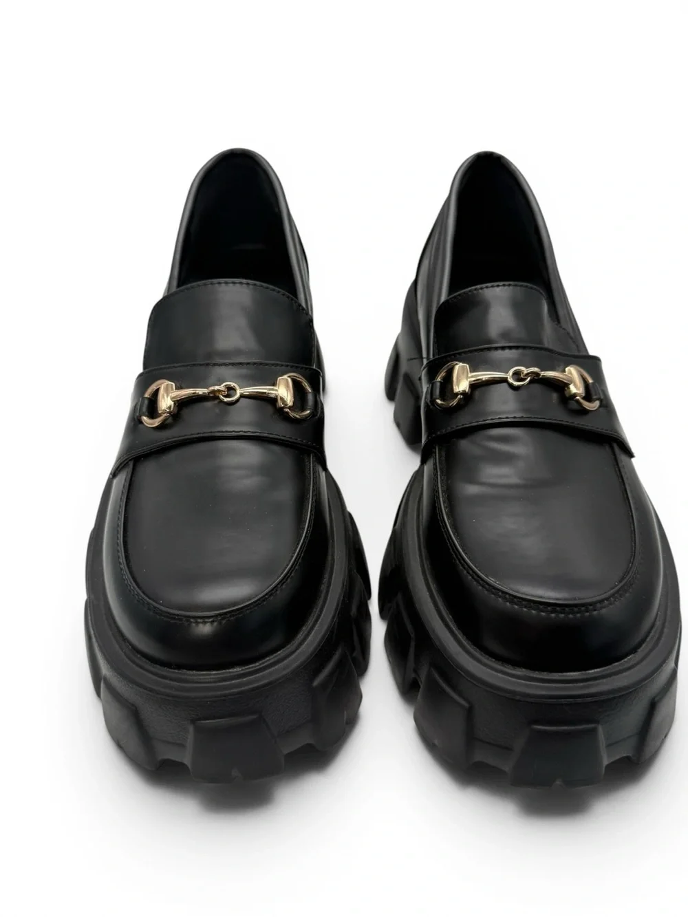 Princess Polly Black Faux Leather Lug Sole Loafers with Gold Hardware